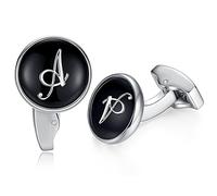 HONEY BEAR Initial Alphabet Letter Cufflinks for Men, Black Round Shape Stainless Steel Wedding Business Cufflinks A - Z (A)