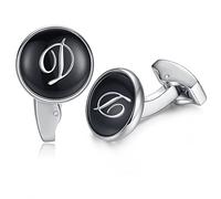 HONEY BEAR Initial Alphabet Letter Cufflinks for Men, Black Round Shape Wedding Business Gift A - Z (D)