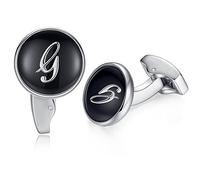 HONEY BEAR Initial Alphabet Letter Cufflinks for Men, Black Round Shape Wedding Business Gift A - Z (G)