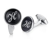 HONEY BEAR Initial Alphabet Letter Cufflinks for Men, Black Round Shape Wedding Business Gift A - Z (H)