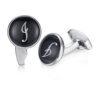 HONEY BEAR Initial Alphabet Letter Cufflinks for Men, Black Round Shape Wedding Business Gift A - Z (I)