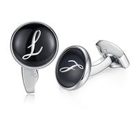 HONEY BEAR Initial Alphabet Letter Cufflinks for Men, Black Round Shape Wedding Business Gift A - Z (L)