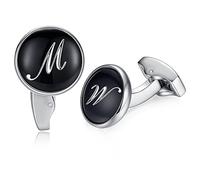 HONEY BEAR Initial Alphabet Letter Cufflinks for Men, Black Round Shape Wedding Business Gift A - Z (M)