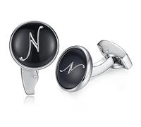 HONEY BEAR Initial Alphabet Letter Cufflinks for Men, Black Round Shape Wedding Business Gift A - Z (N)