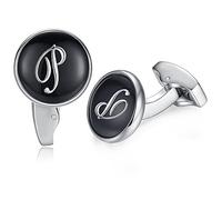 HONEY BEAR Initial Alphabet Letter Cufflinks for Men, Black Round Shape Wedding Business Gift A - Z (P)