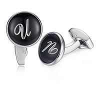 HONEY BEAR Initial Alphabet Letter Cufflinks for Men, Black Round Shape Wedding Business Gift A - Z (U)