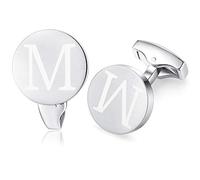 HONEY BEAR Initial Alphabet Letter Cufflinks for Men, Brushed Silver Round Shape Stainless Steel Wedding Business Cufflinks, A - Z (M)
