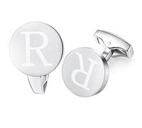 HONEY BEAR Initial Alphabet Letter Cufflinks for Men, Brushed Silver Round Shape Stainless Steel Wedding Business Cufflinks, A - Z (R)