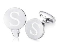 HONEY BEAR Initial Alphabet Letter Cufflinks for Men, Brushed Silver Round Shape Stainless Steel Wedding Business Cufflinks, A - Z (S)