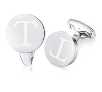 HONEY BEAR Initial Alphabet Letter Cufflinks for Men, Brushed Silver Round Shape Stainless Steel Wedding Business Cufflinks, A - Z (T)