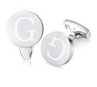 HONEY BEAR Initial Alphabet Letter Cufflinks for Men, Brushed Silver Round Shape Stainless Steel Wedding Business Cufflinks, A - Z (G)