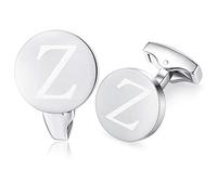 HONEY BEAR Initial Alphabet Letter Cufflinks for Men, Brushed Silver Round Shape Stainless Steel Wedding Business Cufflinks, A - Z (Z)