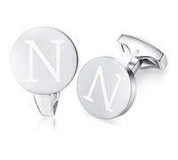 HONEY BEAR Initial Alphabet Letter Cufflinks for Men, Brushed Silver Round Shape Stainless Steel Wedding Business Cufflinks, A - Z (N)
