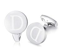 HONEY BEAR Initial Alphabet Letter Cufflinks for Men, Brushed Silver Round Shape Wedding Business Gifts, A - Z (D)