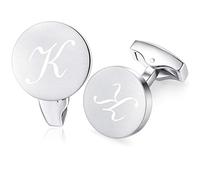 Honey Bear Initial Alphabet Letter Cufflinks for Men, Silver Round Shape Stainless Steel Wedding Business Gifts A - Z (K)