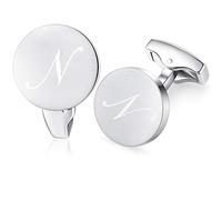 Honey Bear Initial Alphabet Letter Cufflinks for Men, Silver Round Shape Stainless Steel Wedding Business Gifts A - Z (N)