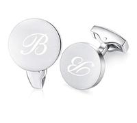 Honey Bear Initial Alphabet Letter Cufflinks for Men, Silver Round Shape Stainless Steel Wedding Business Gifts A - Z (B)