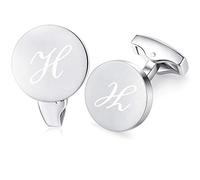 Honey Bear Initial Alphabet Letter Cufflinks for Men, Silver Round Shape Stainless Steel Wedding Business Gifts A - Z (H)