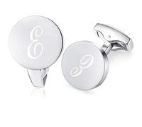 Honey Bear Initial Alphabet Letter Cufflinks for Men, Silver Round Shape Stainless Steel Wedding Business Gifts A - Z (E)