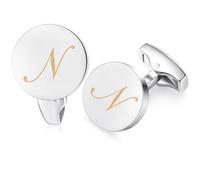 HONEY BEAR Initial Alphabet Letter Cufflinks for Men, Silver Round Shape Wedding Business Gifts A - Z (One pair N)