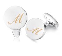 HONEY BEAR Initial Alphabet Letter Cufflinks for Men, Silver Round Shape Wedding Business Gifts A - Z (One pair M)