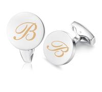 HONEY BEAR Initial Alphabet Letter Cufflinks for Men, Silver Round Shape Wedding Business Gifts A - Z (One pair B)