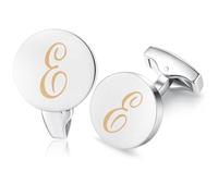 HONEY BEAR Initial Alphabet Letter Cufflinks for Men, Silver Round Shape Wedding Business Gifts A - Z (One pair E)
