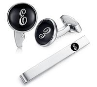 HONEY BEAR Initial Alphabet Letter Cufflinks Tie Clip Set for Mens - Black Round Stainless Steel, for Business Wedding Gift A - Z (E)