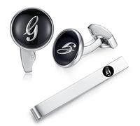 HONEY BEAR Initial Alphabet Letter Cufflinks Tie Clip Set for Mens - Black Round Stainless Steel, for Business Wedding Gift A - Z (G)