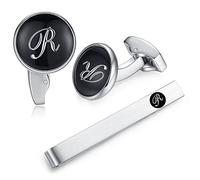 HONEY BEAR Initial Alphabet Letter Cufflinks Tie Clip Set for Mens - Black Round Stainless Steel, for Business Wedding Gift A - Z (R)