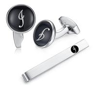 HONEY BEAR Initial Alphabet Letter Cufflinks Tie Clip Set for Mens - Black Round Stainless Steel, for Business Wedding Gift A - Z (I)