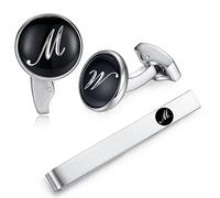 HONEY BEAR Initial Alphabet Letter Cufflinks Tie Clip Set for Mens - Black Round Stainless Steel, for Business Wedding Gift A - Z (M)