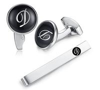 HONEY BEAR Initial Alphabet Letter Cufflinks Tie Clip Set for Mens - Black Round Stainless Steel, for Business Wedding Gift A - Z (D)