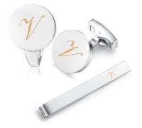 HONEY BEAR Initial Alphabet Letter Cufflinks Tie Clip Set for Mens - Brushed Silver Round for Business Wedding Gift A - Z