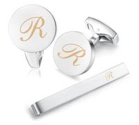 HONEY BEAR Initial Alphabet Letter Cufflinks Tie Clip Set for Mens - Brushed Silver Round for Business Wedding Gift A - Z