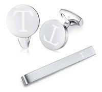 HONEY BEAR Initial Alphabet Letter Cufflinks Tie Clip Set for Mens - Brushed Silver Round Stainless Steel, for Business Wedding Gift,5.4cm (T)