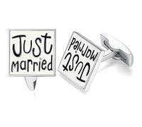 HONEY BEAR Just Married Cufflinks for Mens, Square Stainless Steel, for Wedding Marriage Gift