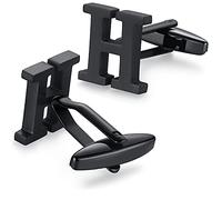 HONEY BEAR Mens Initial Alphabet Letter Silver White Steel Wedding Formal Business Cufflinks (H-Black)