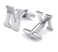 HONEY BEAR Mens Initial Alphabet Letter Silver White Steel Wedding Formal Business Cufflinks (N)