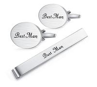 HONEY BEAR Oval Wedding Cufflinks Tie Clip Set for Mens Marriage Gift with Box,Brushed Silver,5.5cm (Best Man)