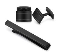 HONEY BEAR Rectangle Black Cufflinks Tie Clip Set for Mens Shirts Accessories Business Wedding Gift (with slide on clip 5.4cm)