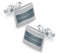 HONEY BEAR Rectangle Rectangular Cufflinks for Mens Shirt Wedding Business Gift, Silver with Blue