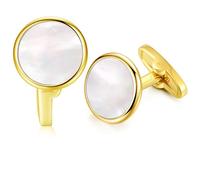 HONEY BEAR Round White Sea Shell/Black Onyx Agate Stone Cufflinks for Mens Shirt Wedding Business Gift White Shell Gold