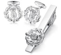 HONEY BEAR Scotland Scottish Thistle Cufflinks Tie Clip Set for Mens Shirt Wedding Business Gift,Silver
