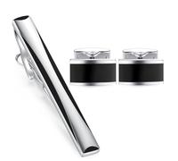 HONEY BEAR Silver Black Rectangle Cufflinks Tie Clips Set for Men Wedding