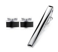 HONEY BEAR Silver Black Rectangle Cufflinks Tie Clips Set for Men Wedding