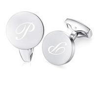HONEY BEAR Silver Initial Letter Round Cufflinks for Men Wedding Business