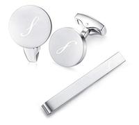 HONEY BEAR Silver Initial Letter Round Cufflinks Tie Clip Set for Men