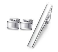 HONEY BEAR Silver Rectangle Cufflinks Tie Clip Set for Men Wedding Business