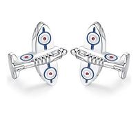 HONEY BEAR Spitfire War Aircraft Plane Cufflinks for Men Shirt Silver WWII Fighter,Stainless Steel